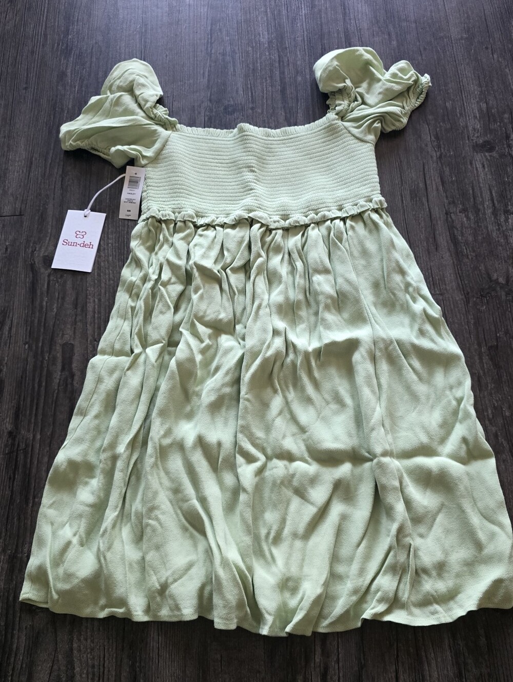 Aritzia Sun-deh Hadley Sage Brush Green Solid Smocked Puff Sleeve Dress